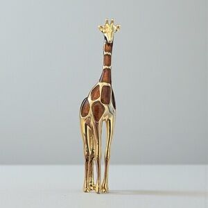 Vintage ‘80s Signed IC Elegant Gold Tone Brown Enamel Giraffe Estate Brooch
